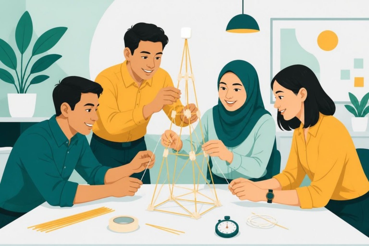Illustration of four colleagues building a spaghetti tower with a marshmallow on top during the Marshmallow Challenge