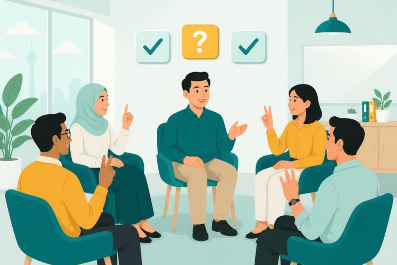 Illustration of colleagues sitting in a circle playing Two Truths and a Lie, voting with raised fingers